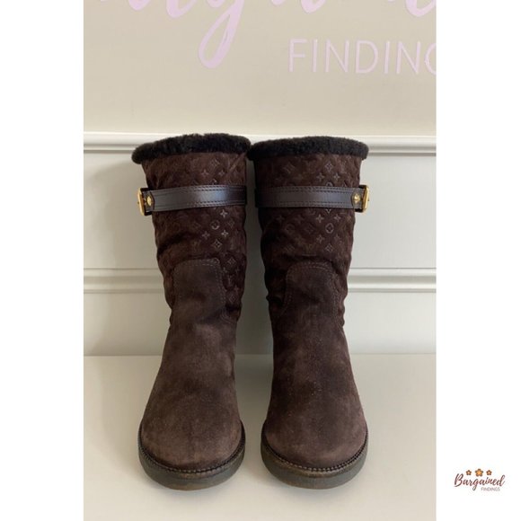 Authentic LOUIS VUITTON Dark Brown Suede Shearling Monogram Boots Size 36/6 - Picture 4 of 15